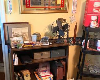 OFFICE SUPPLIES, ANTIQUE ROTARY TABLE FAN.  BUDWISER MIRROR.