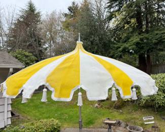 	Mid Century Yellow & White Patio Table Sunbrella w/ Fringe & Atomic Finial