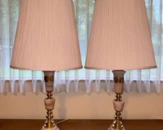 	Vintage 1960s Mid Century Carrara Pink Marble & Brass 3 Way Table Lamps
