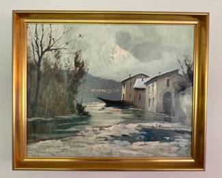 Original Oil on Canvas Italian Villa & Lake Landscape Painting - Signed Magrotti