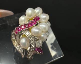 18k White Gold Gemstone & Pearl Ring w/Sterling Earrings