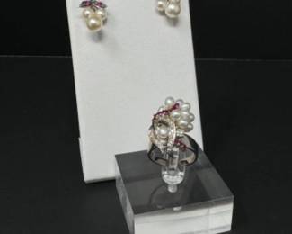 18k White Gold Gemstone & Pearl Ring w/Sterling Earrings