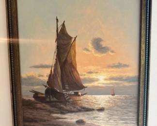 	Vintage Signed Otto Neutschmann Original Painting of Fishing Boat w/ Sunset