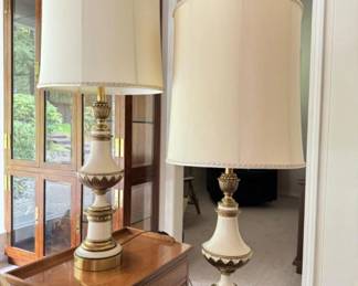 Mid Century Stiffel Large Crème & Brass Table Lamps w/Shades