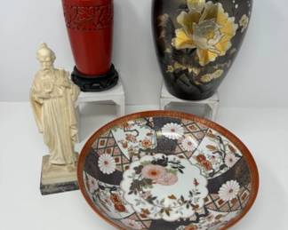 	Cinnabar Red Lacquer Vase, Imari Ware Bowl & More