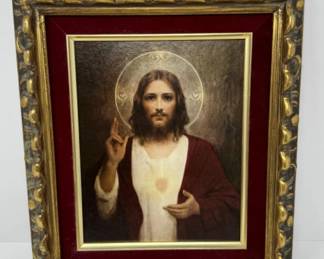 Vintage Gold Leaf & Velvet Frame w/ Sacred Heart of Jesus Print
