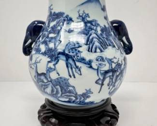 Yasushi Okiyoshi Blue & White Porcelain Vase - Elephant Handles w/Deer Motif