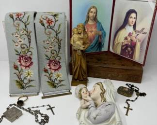 Vintage Catholic Decor: Rosaries, Reverse Glass Hand Painted Trinket Box +