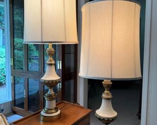 Mid Century Stiffel Large Crème & Brass Table Lamps w/Shades