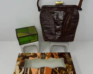Mid Century Alligator Purse, Trinket Box, & Tissue Box Holder
