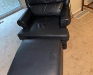 Navy Pendragon Overstuffed Leather Chair & Ottoman