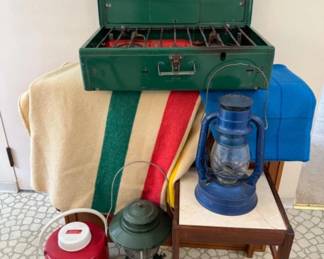Retro Camping Gear - Coleman Stove - Striped Witney Point Wool Blanket