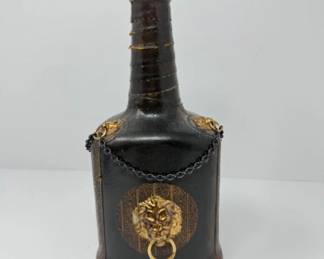 	Vintage Italian Leather Covered Glass Liquor Decanter w/ Lion Knockers