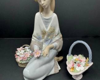 Vintage Lladro 7607 "Flowers Song" Figurine & Flower Basket