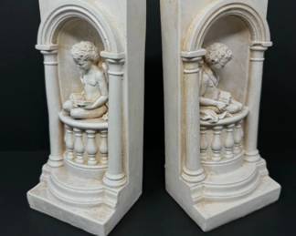 Vintage Chalkware Reading Cherub Bookends