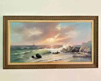	Vtg Original Coastal Landscape Painting Signed Eugene Garin - 45x25