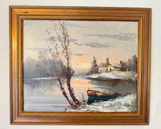	Original Signed Winter Church & Boat on River Landscape Painting