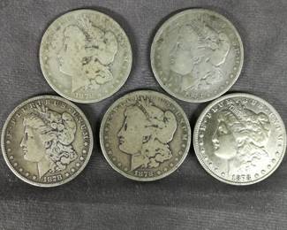 Five 1878 Morgan Silver Dollars
