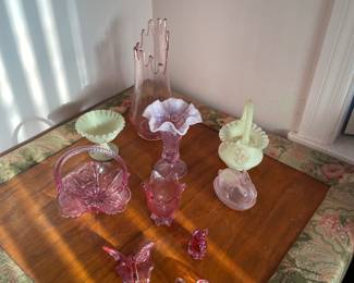Fenton, pink glass, custard, glass, and swang vase