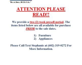 PRESELL NOTICE furniture appliance