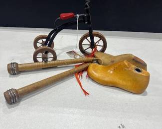 Handmade bike, wooden shoe molds and spindles