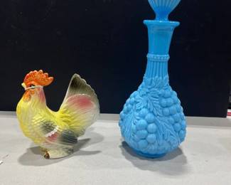 Blue milk decanter and Rooster figurine