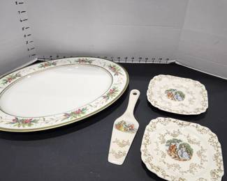 Fitz and Floyd Winter Holiday oval platter 17 in, Eastern china plates (sm chip) and spatula