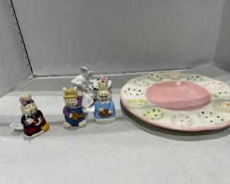 Spring Deviled egg platter and bunny figurines