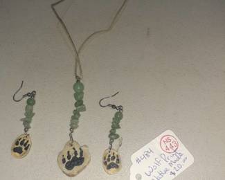 Wolf print native made necklace and earrings