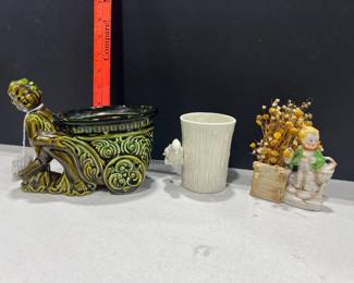 Fitz and Floyd cup with green planter boy pushing cart and trinket