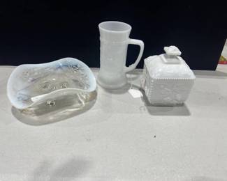 Milk glass bowl and cup and blown glass bowl