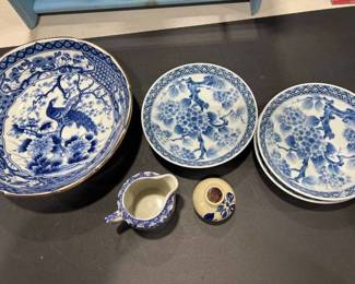 7 piece Japanese blue and white porcelain dish set