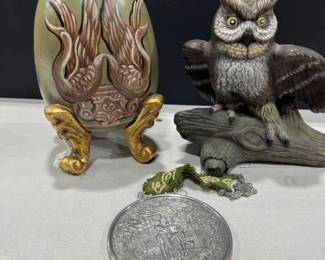 German pewter wall plaque, decorative egg and owl with a chip