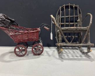 Antique doll stroller and Rustic mini chair