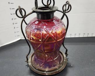 Lantern with red glass approx 11 in tall