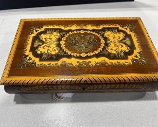 Italian inlaid jewelry box with blue liner