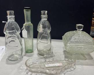Crystal dish and glass dishes and and bottles