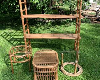 Vintage natural rattan side tables, glass top tables, large bamboo shelving unit is easily disassembled for transport.