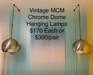 Vintage MCM Chrome Dome Hanging Lamps available for pre-sale purchase, $170 each or $300/pair. Email: caligriffin2011@gmail.com for purchase