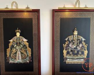 Large Chinese Chinoiserie Carved Emperor and Emperess Lighted Wall Plaques