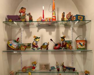 Collection of Vintage Tin and Wood Pull Toys (FISHER PRICE, J CHEIN, OHIO ART, WYANDOTTE and T. CONN)