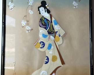 Vintage Japanese Geisha Girl Watercolor on Silk