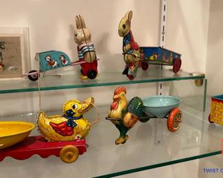 WYANDOTTE Tin Duck, WYANDOTTE Tin Rooster, and J CHEIN Tin Rabbits with Carts