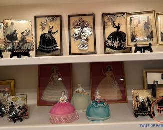 Vintage Framed Bubble Glass Silhouettes and Antique Porcelain Doll Pin Cushions