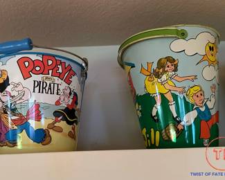Vintage SCHYLLING Popeye Sand Pail and OHIO ART CO Jack and Jill Sand Pail