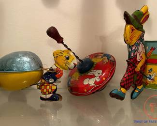 J. CHEIN Tin Rabbit with Egg Cart and Peter Rabbit Pulling Cart