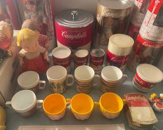Cambell Soup Thermos, Ice Bucket, Mugs and Dolls