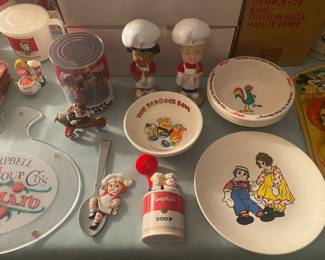 Assorted Campbells Kids Collectibles, Kellogg's Bowls, Raggedy Anne and Andy
