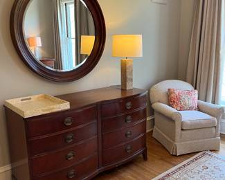 vintage 8 drawer mahogany dresser, round mirror, upholstered arm chair