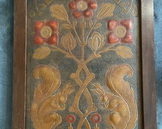 Antique Arts & Crafts leather in oak frame original art